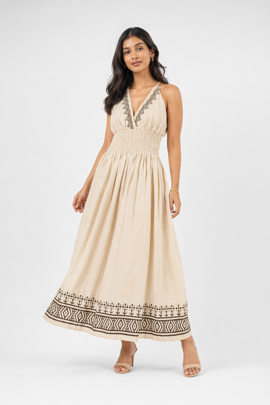 Beige Botanical Block Print Cotton Halter Maxi Dress