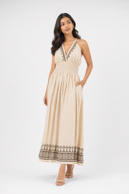 Beige Botanical Block Print Cotton Halter Maxi Dress