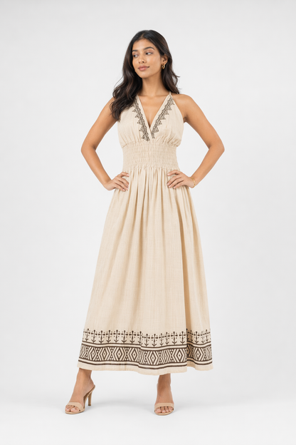 Beige Botanical Block Print Cotton Halter Maxi Dress