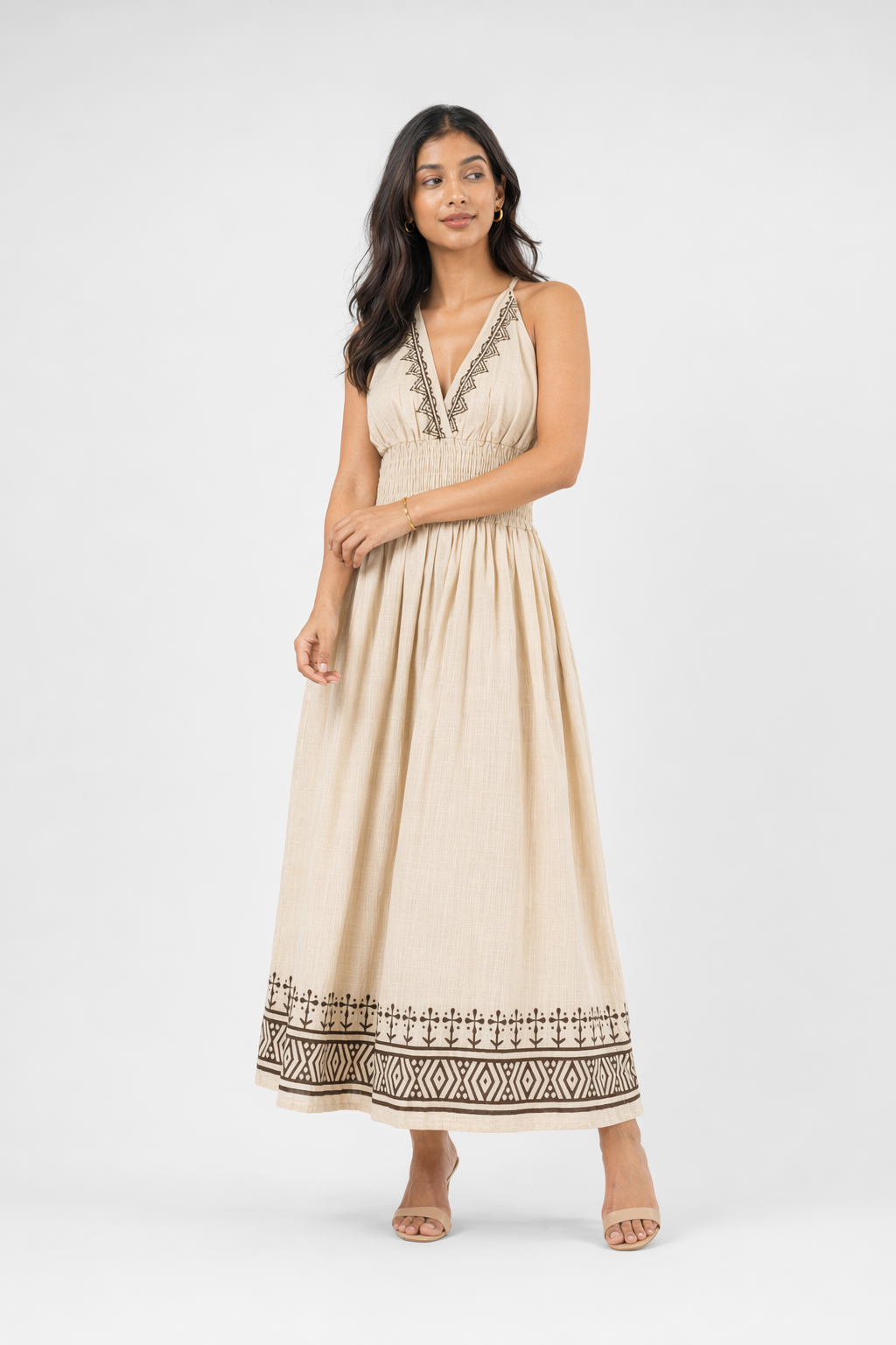 Beige Botanical Block Print Cotton Halter Maxi Dress