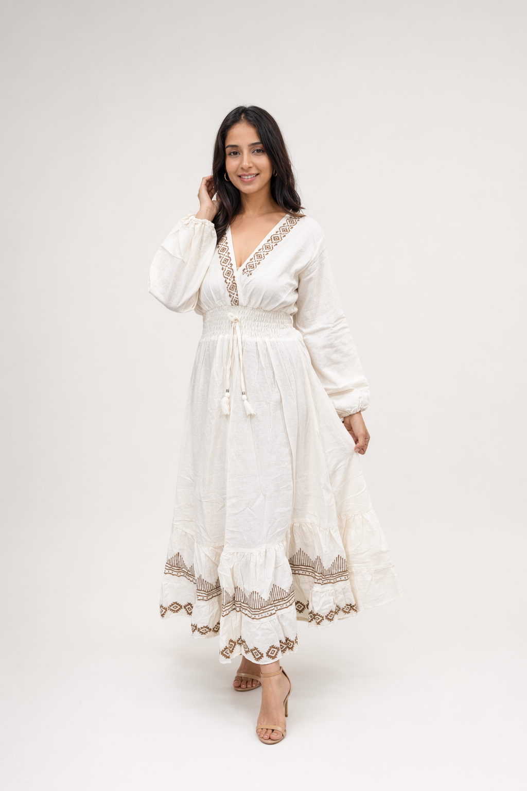White Diamond Block Print Cotton Tiered Maxi Dress