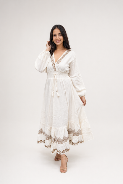 White Diamond Block Print Cotton Tiered Maxi Dress