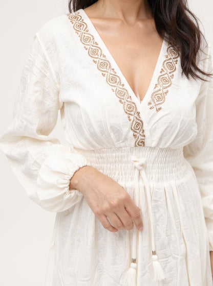 White Diamond Block Print Cotton Tiered Maxi Dress
