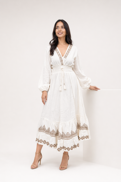 White Diamond Block Print Cotton Tiered Maxi Dress