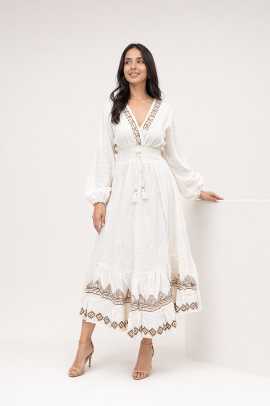 White Diamond Block Print Cotton Tiered Maxi Dress