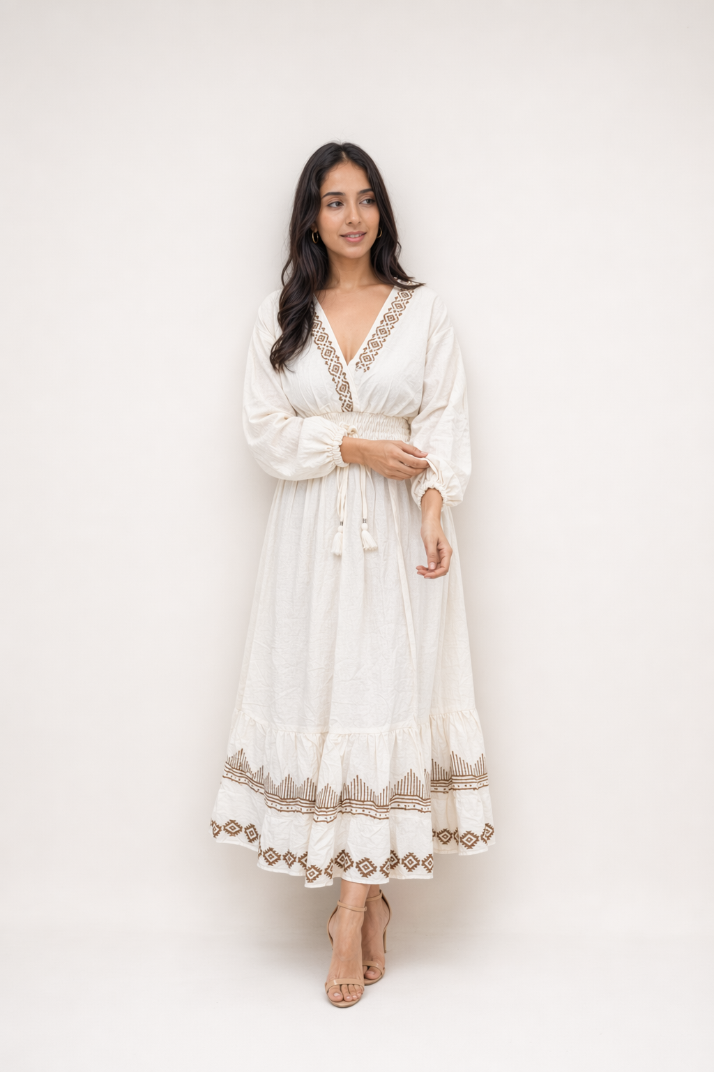 White Diamond Block Print Cotton Tiered Maxi Dress
