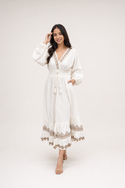 White Diamond Block Print Cotton Tiered Maxi Dress