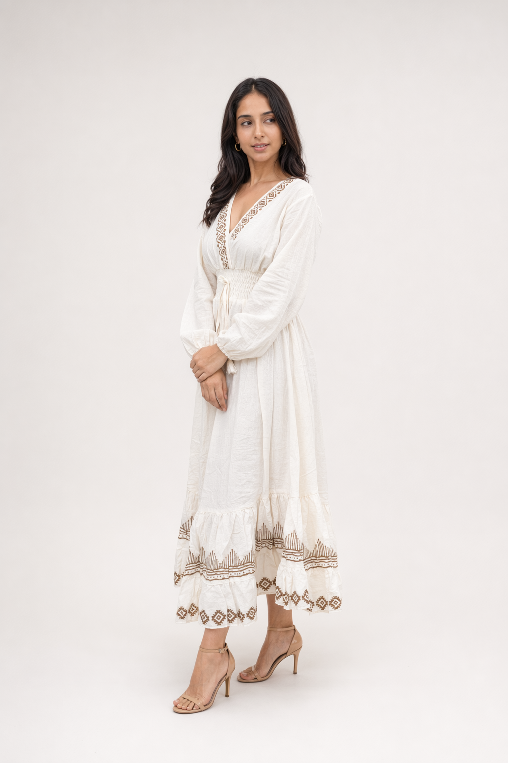 White Diamond Block Print Cotton Tiered Maxi Dress