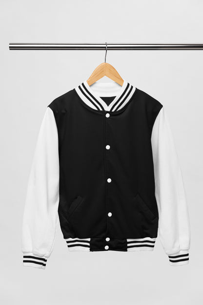 Navy Blue Cotton Varsity Jacket - Long Sleeve, Button Front, Stand Collar