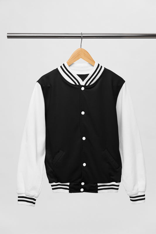 Black Cotton Varsity Jacket - Long Sleeve, Button Front, Stand Collar