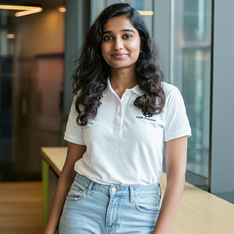 A young woman, poised and confident, stands in a corporate office