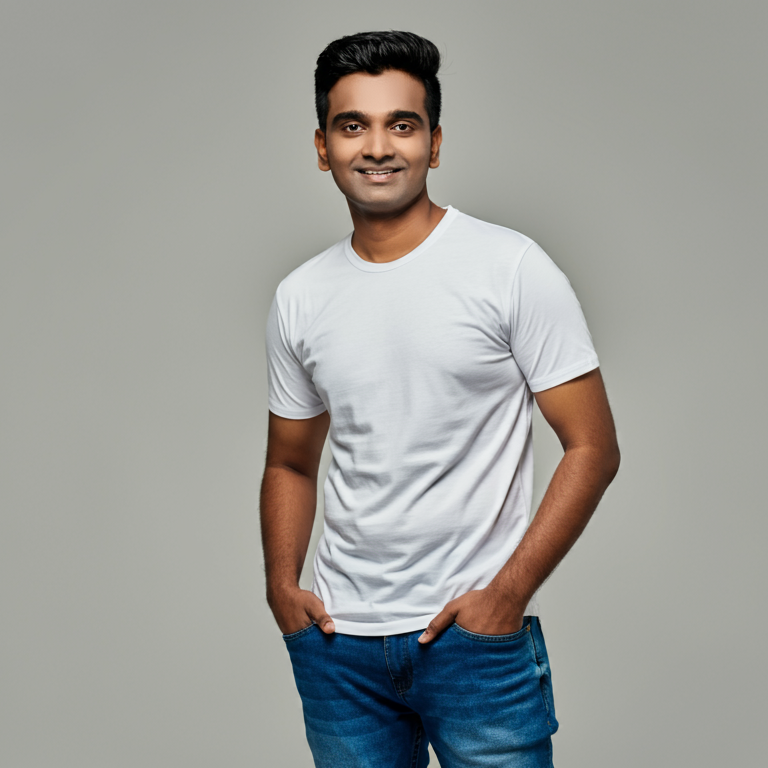 A young man in a plain white crew-neck t-shirt