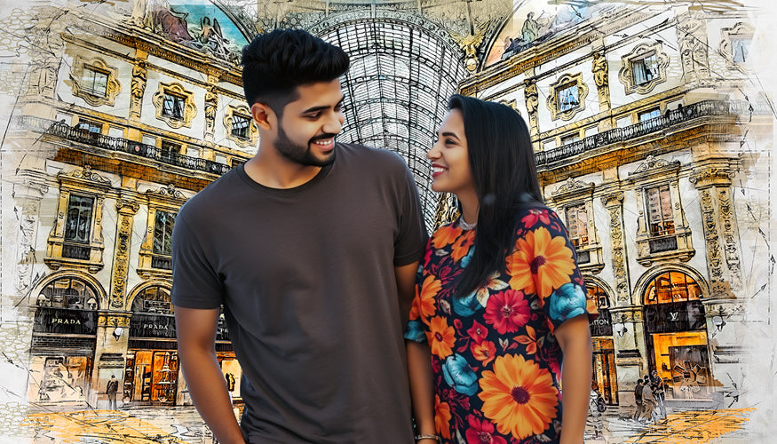 A young couple poses in front of a vintage arcade backdrop, sporting Entimessi T-shirts.