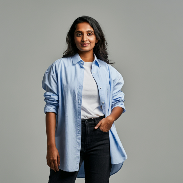 A young lady attired in a sky blue shirt