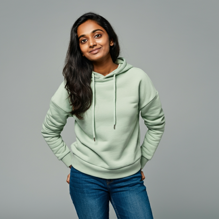 A young woman in a jade green hooded sweatshirt