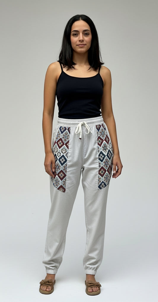 Entimessi Casual Cotton Hopper Pants with Woven Pockets for Women Hopper Pants Grey Melange 100% cotton balloon pants bohemian style boho pants breathable fabric elastic ankles ethnic diamond print ethnic wear handblock print hopper pants loungewear relaxed fit SC-10 summer pants Women women's clothing yoga pants