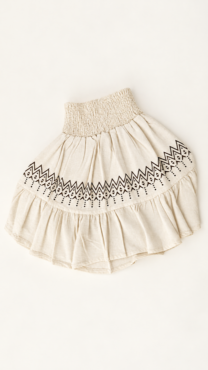 Ivory Smocked Waist Ruffle Mini Skirt with Geometric Print