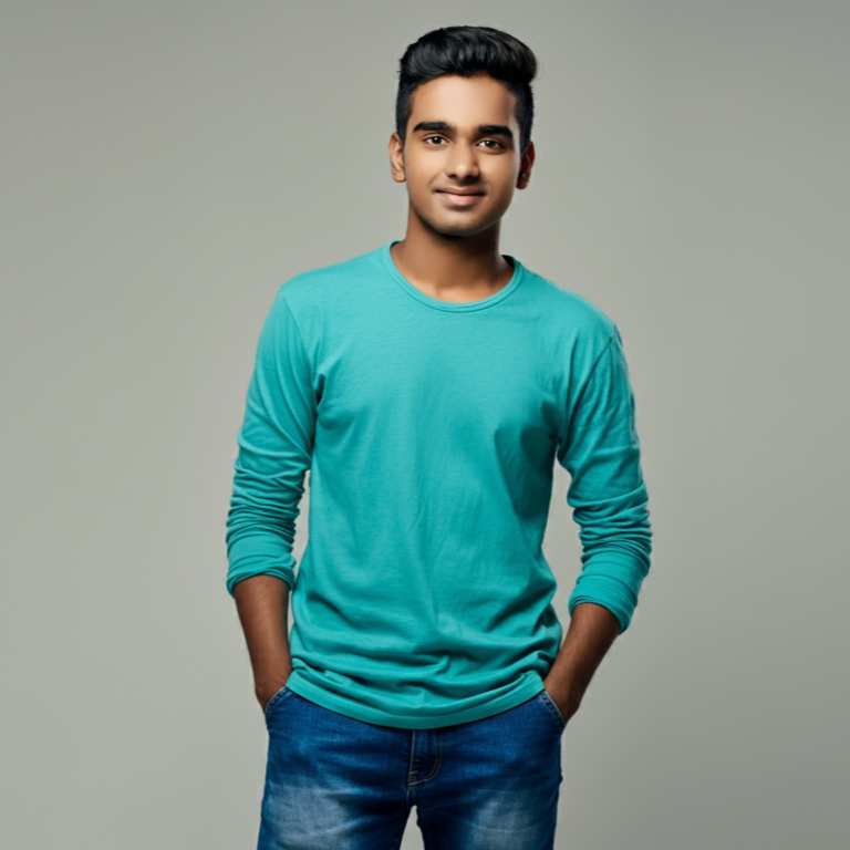 A young man in a sky blue long-sleeved shirt