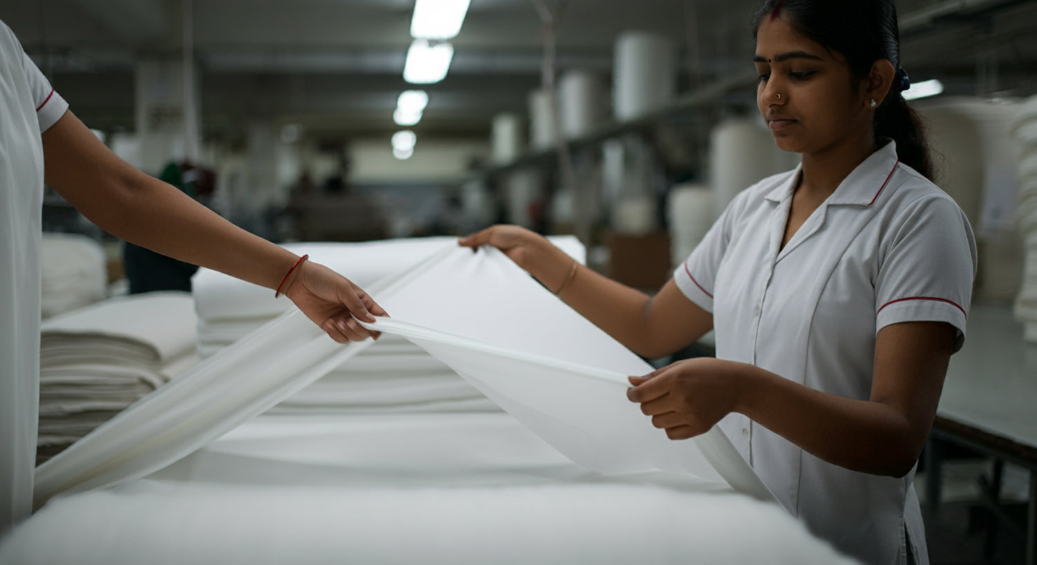 A young woman inspects the white cotton fabric, ensuring it meets quality standards for future shirts and t-shirts