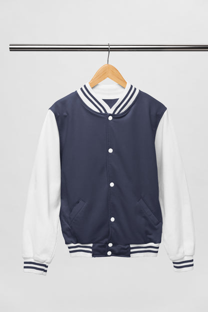 Navy Blue Cotton Varsity Jacket - Long Sleeve, Button Front, Stand Collar