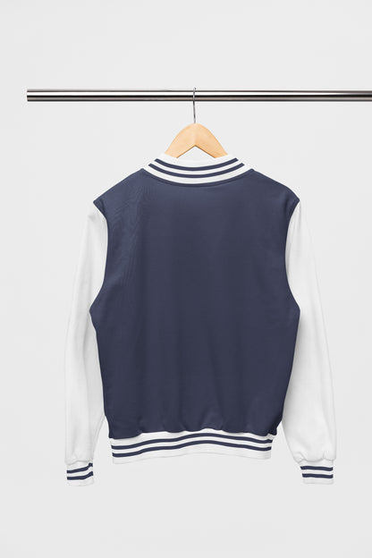 Navy Blue Cotton Varsity Jacket - Long Sleeve, Button Front, Stand Collar