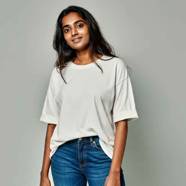 A young woman donning a loose-fitting, oversized white t-shirt