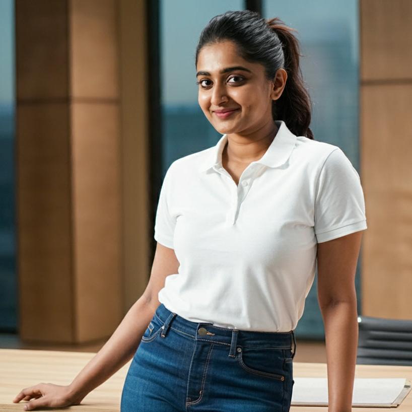 A poised young woman, attired in a white polo shirt, stands confidently in a corporate office setting