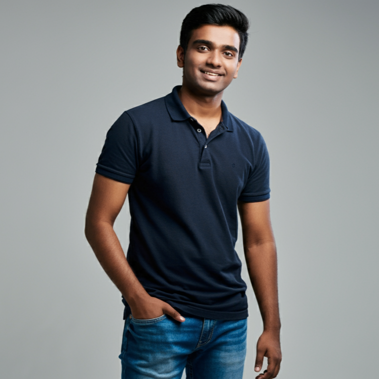 A young man in a navy blue polo shirt