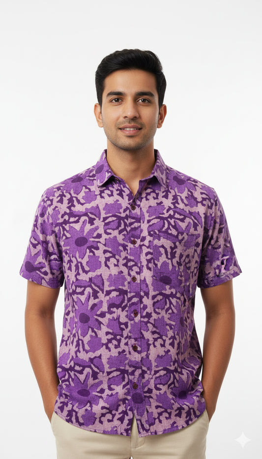 Men's Purple Abstract Floral Print Shirt | Short Sleeve Casual 100% Cotton Shirt