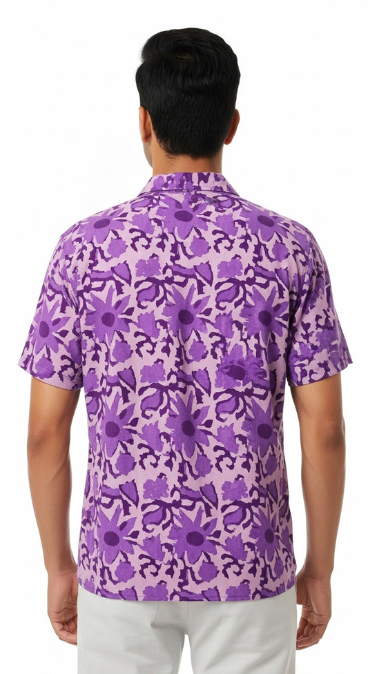 Men's Purple Abstract Floral Print Shirt | Short Sleeve Casual 100% Cotton Shirt