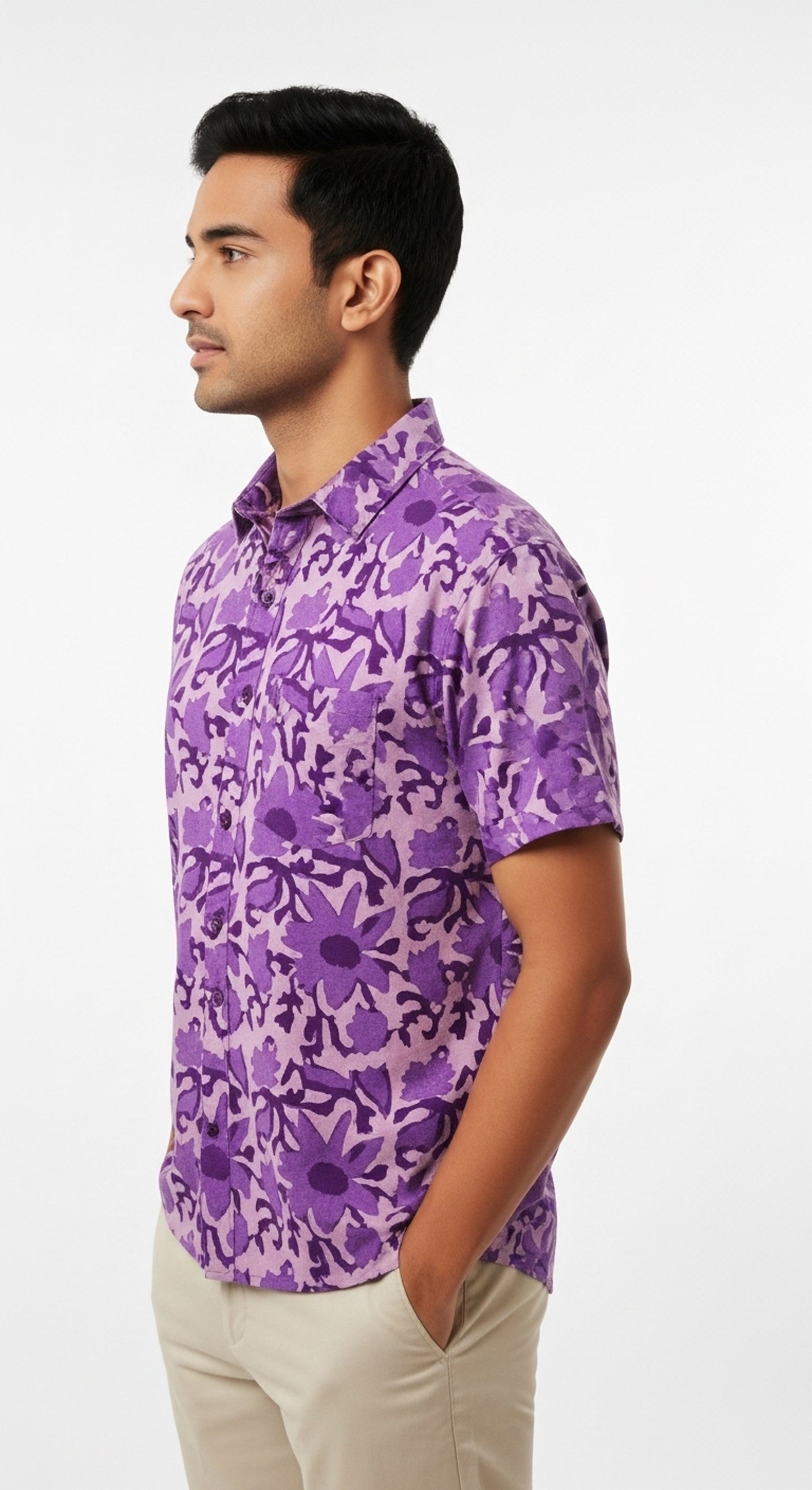 Men's Purple Abstract Floral Print Shirt | Short Sleeve Casual 100% Cotton Shirt