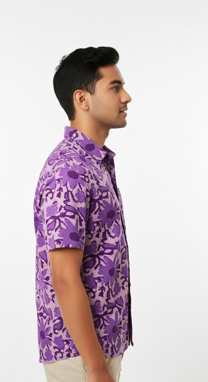 Men's Purple Abstract Floral Print Shirt | Short Sleeve Casual 100% Cotton Shirt