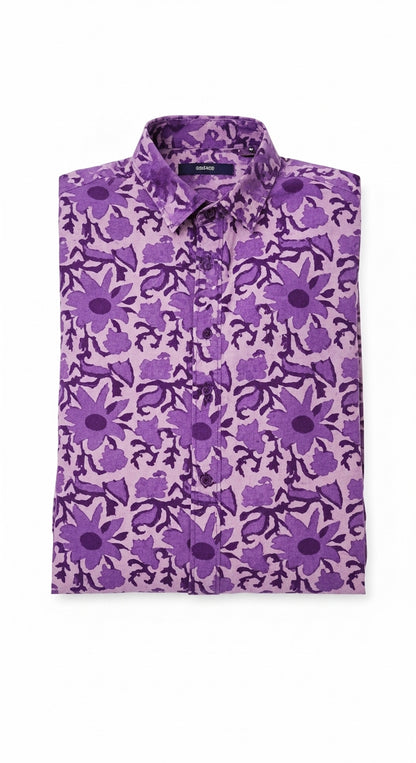 Men's Purple Abstract Floral Print Shirt | Short Sleeve Casual 100% Cotton Shirt