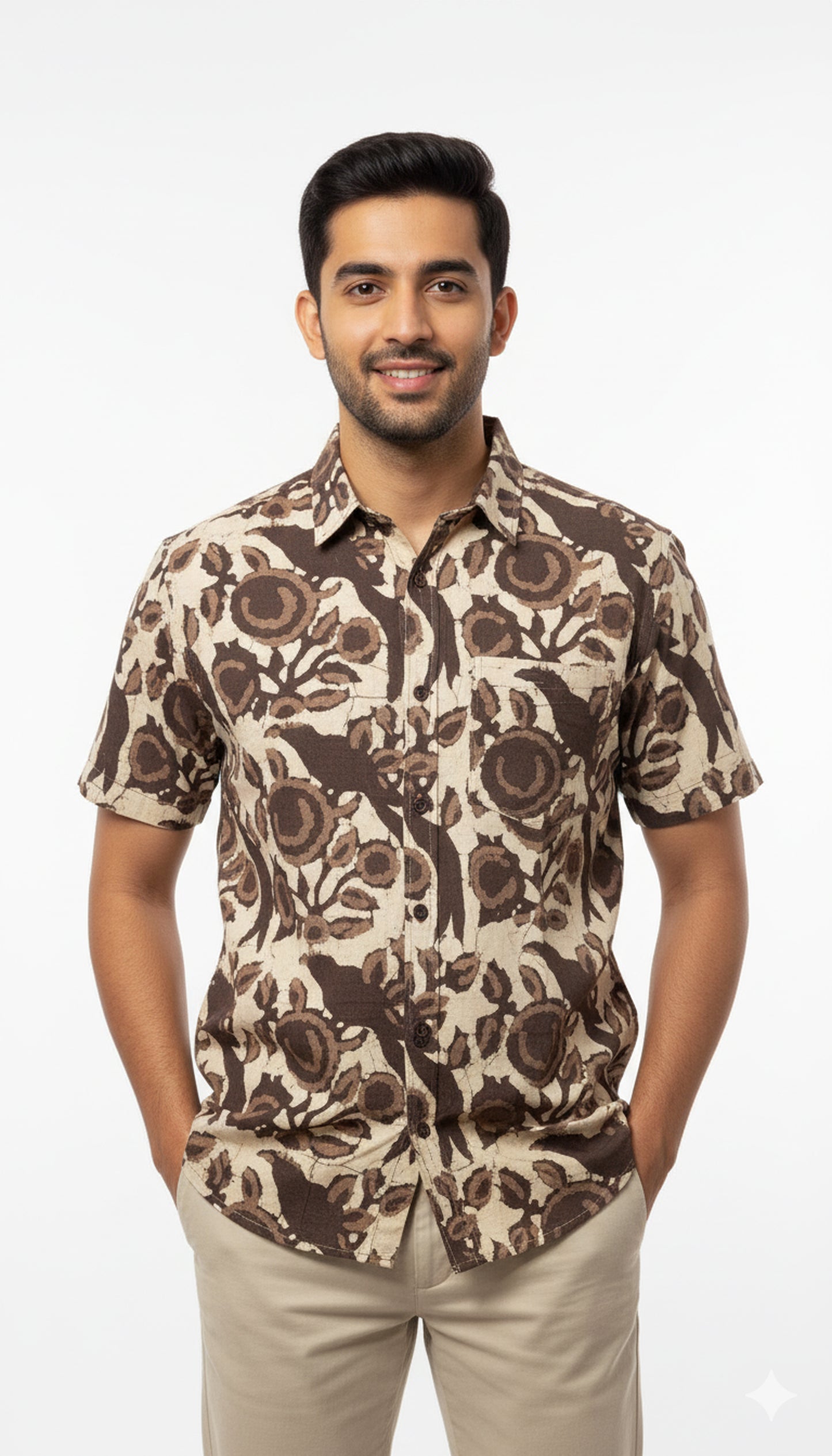 Men's Brown Bird & Floral Block Print Half Sleeve Cotton Shirt