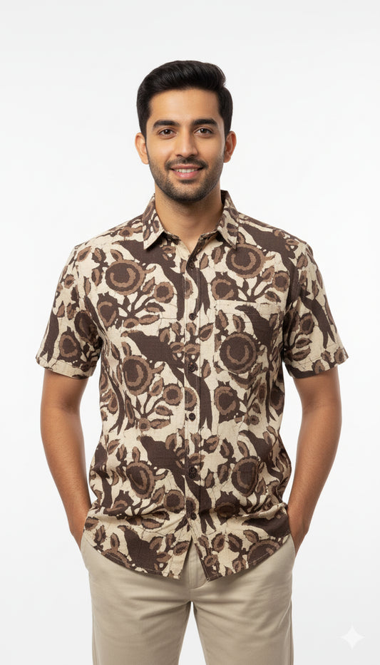 Men's Brown Bird & Floral Block Print Half Sleeve Cotton Shirt