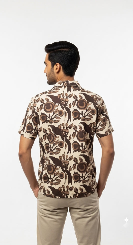 Men's Brown Bird & Floral Block Print Half Sleeve Cotton Shirt