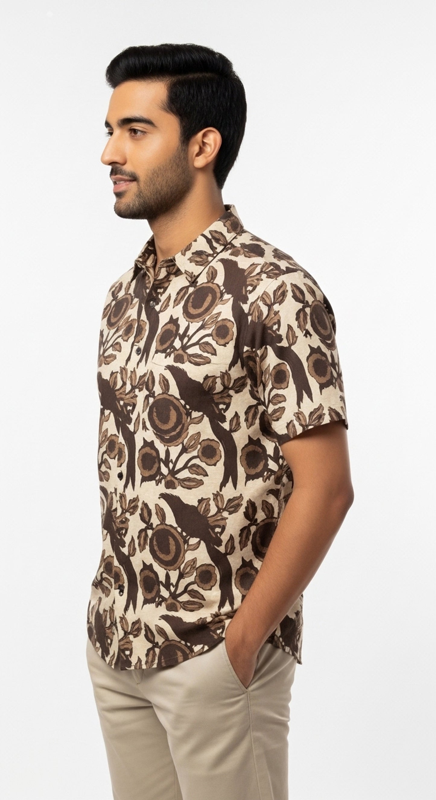 Men's Brown Bird & Floral Block Print Half Sleeve Cotton Shirt