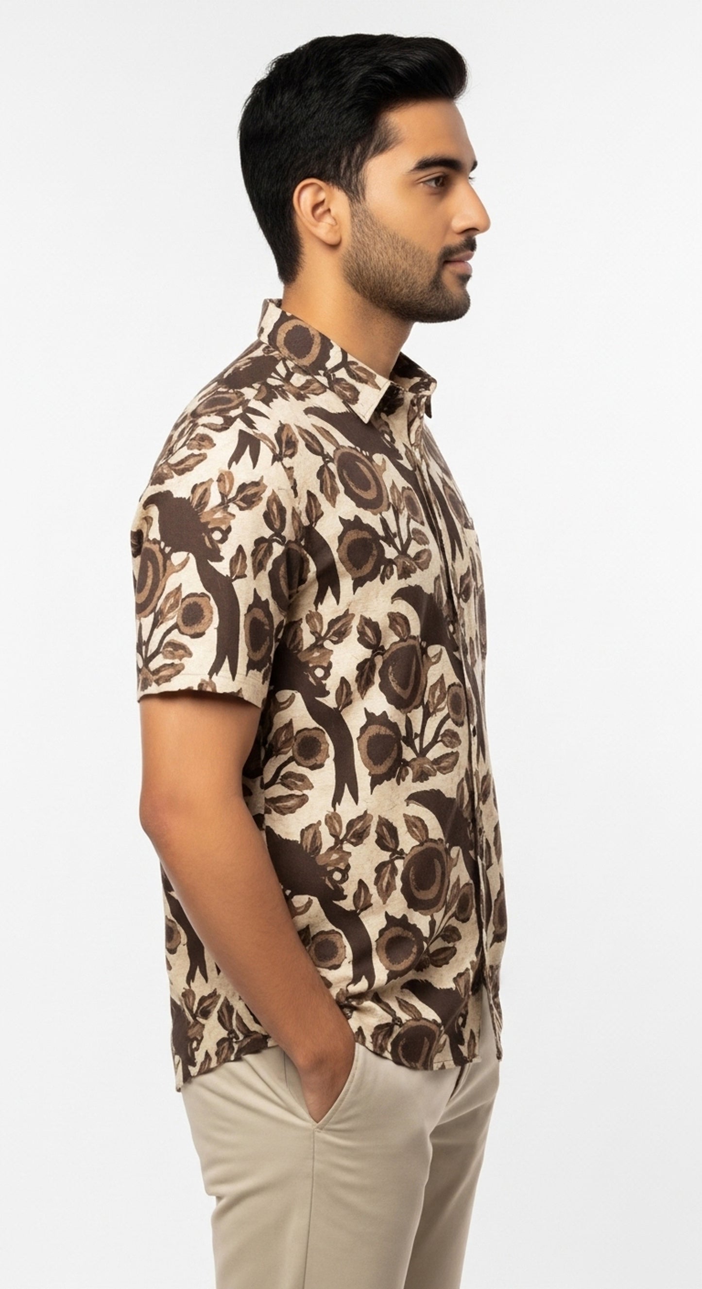Men's Brown Bird & Floral Block Print Half Sleeve Cotton Shirt