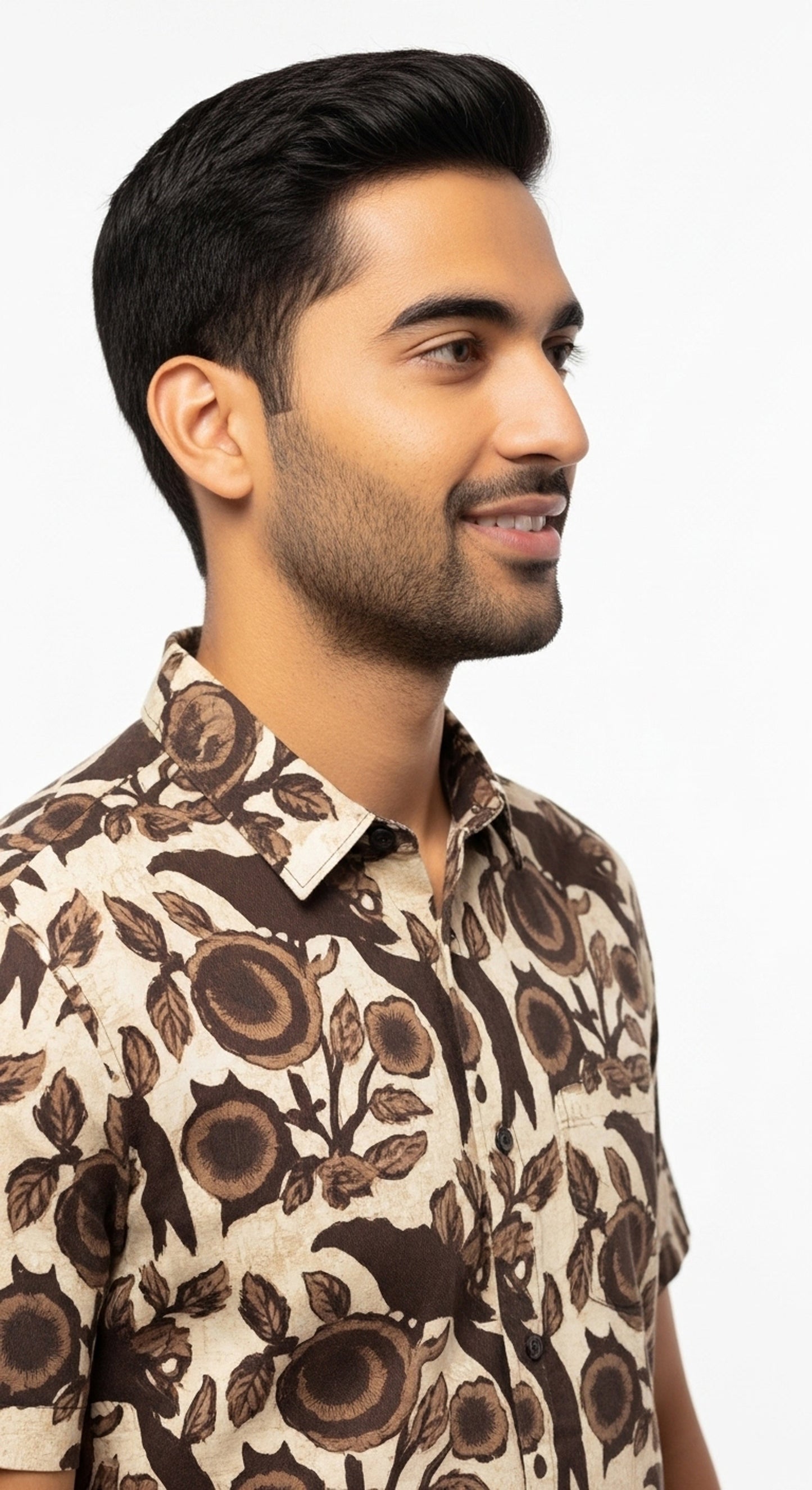 Men's Brown Bird & Floral Block Print Half Sleeve Cotton Shirt