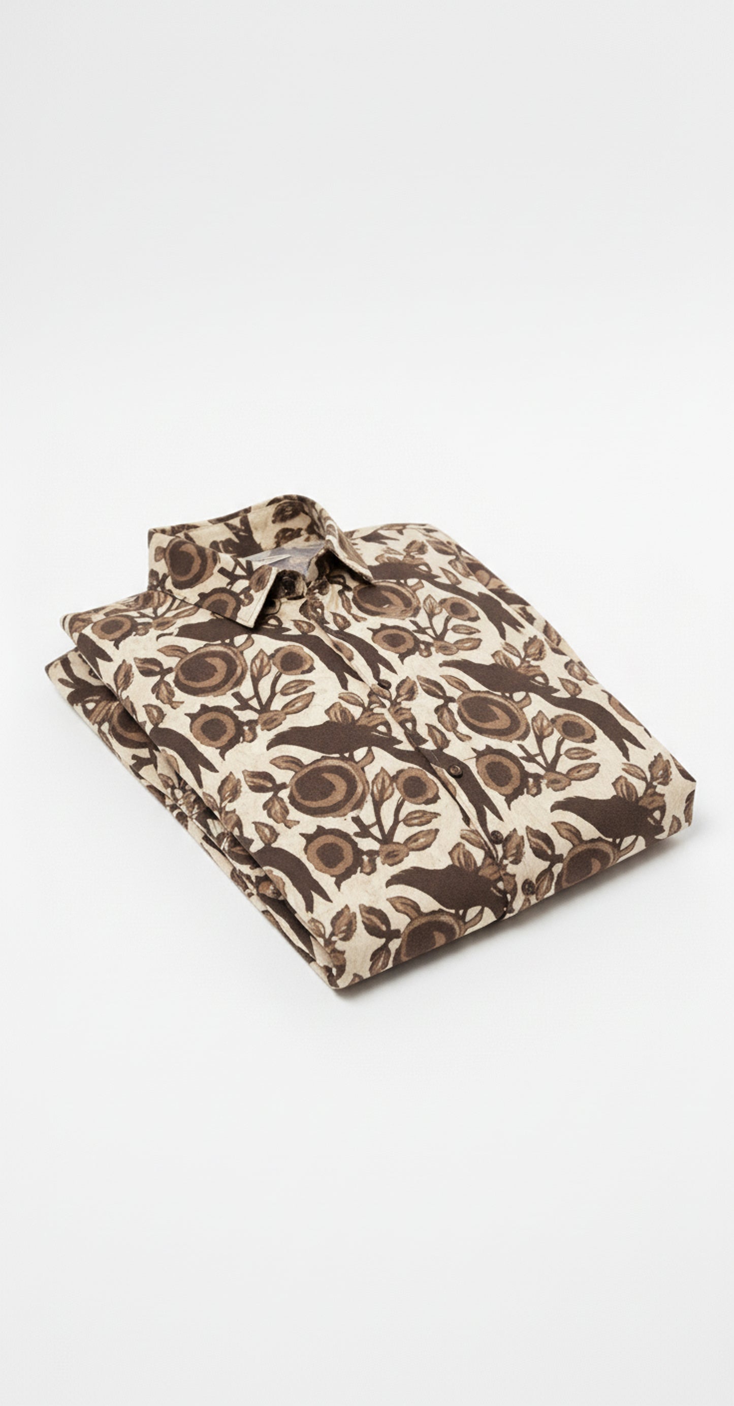 Men's Brown Bird & Floral Block Print Half Sleeve Cotton Shirt