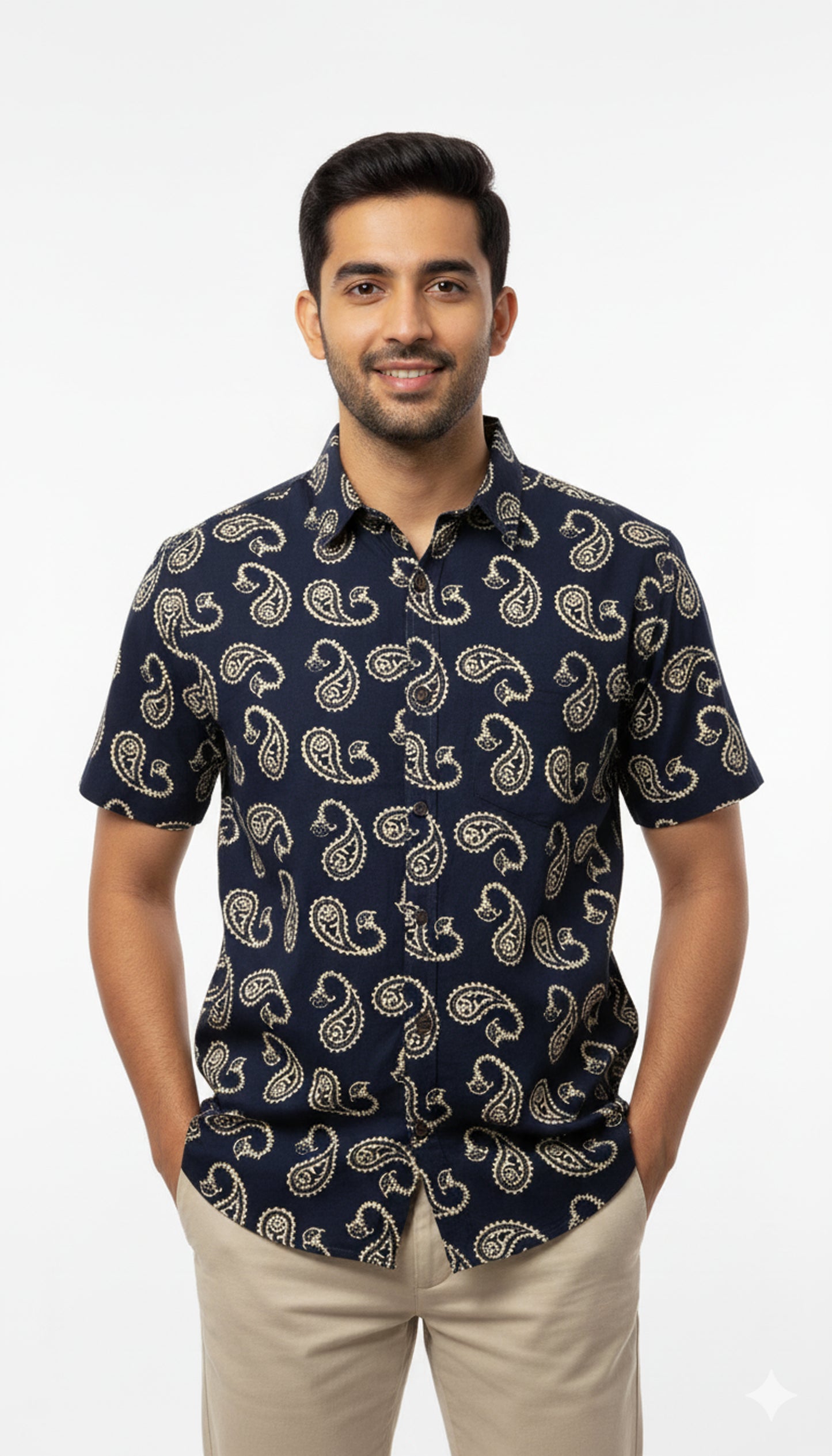 Classic Paisley Print Cotton Half Sleeve Shirt for Men in Black