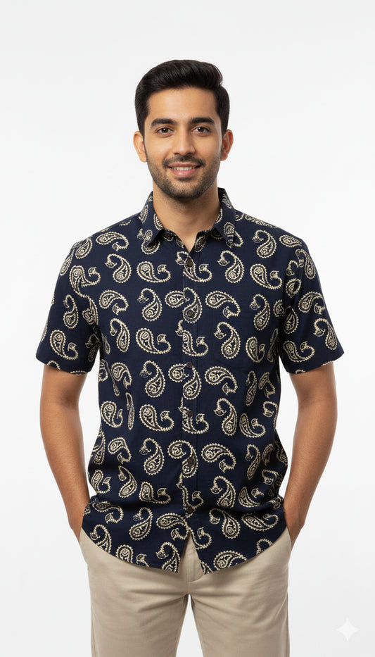 Classic Paisley Print Cotton Half Sleeve Shirt for Men in Black