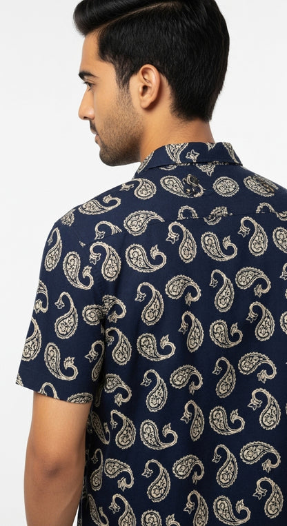 Classic Paisley Print Cotton Half Sleeve Shirt for Men in Black