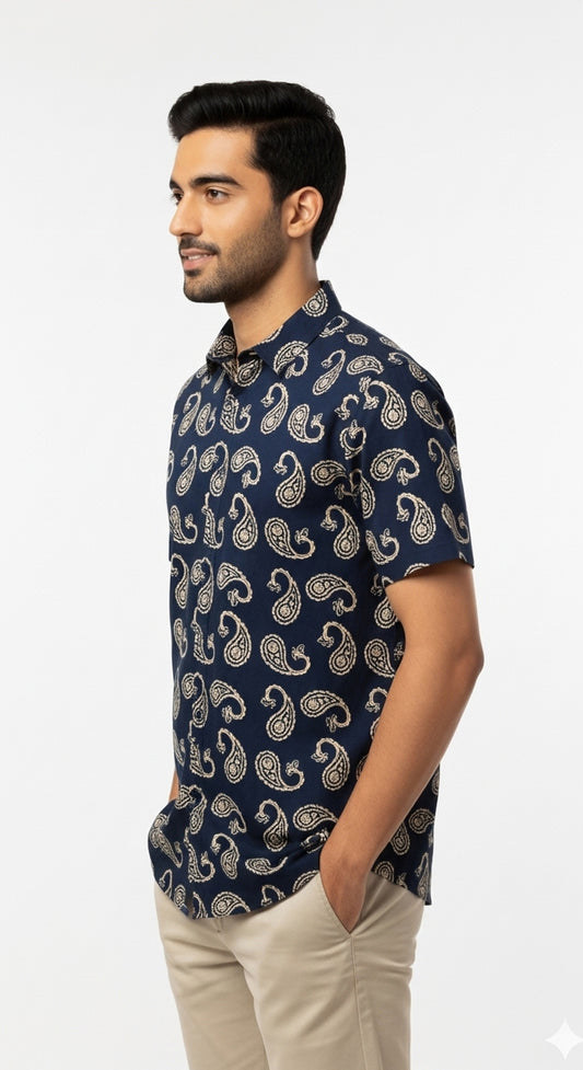 Classic Paisley Print Cotton Half Sleeve Shirt for Men in Black