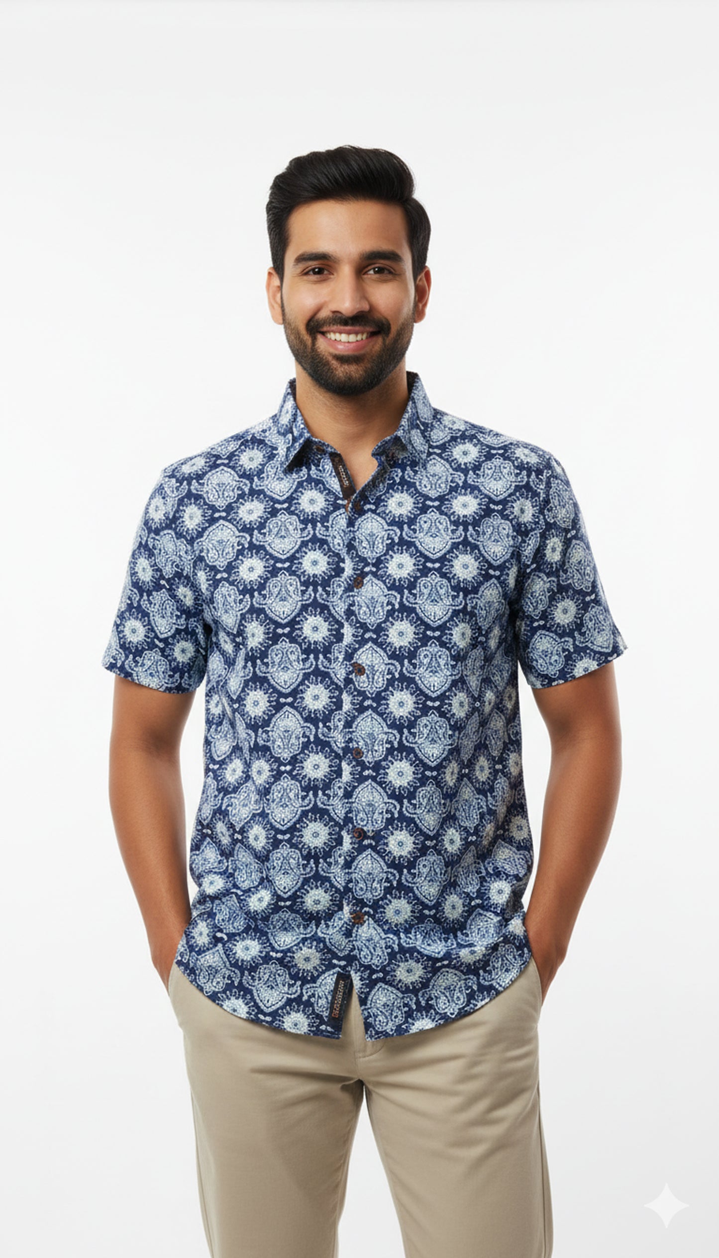 Indigo Medallion Print Half Sleeve Cotton Casual Shirt for Men