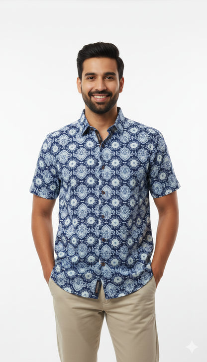 Indigo Medallion Print Half Sleeve Cotton Casual Shirt for Men
