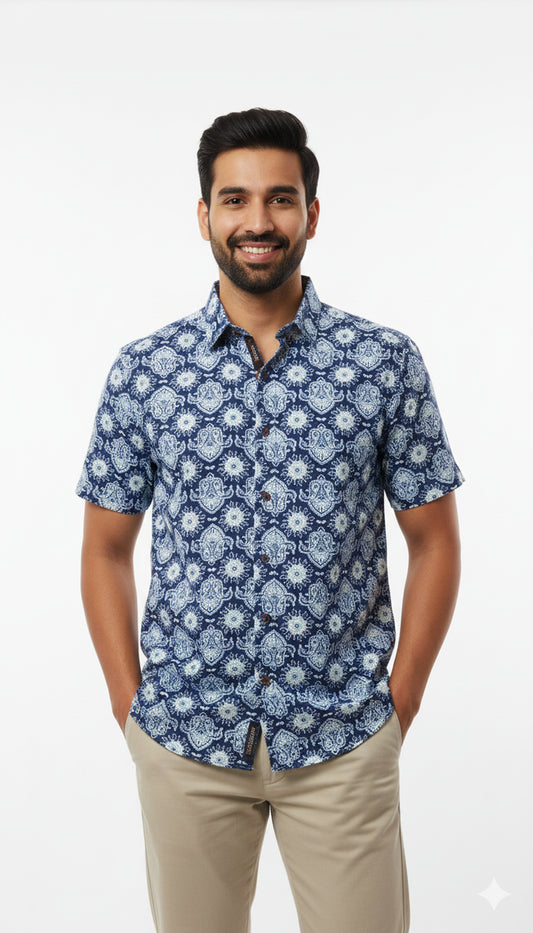 Indigo Medallion Print Half Sleeve Cotton Casual Shirt for Men