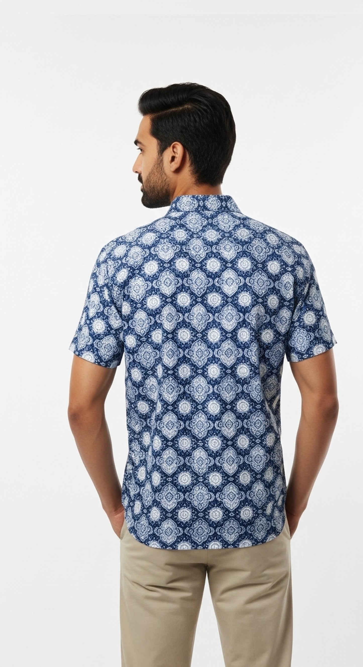 Indigo Medallion Print Half Sleeve Cotton Casual Shirt for Men