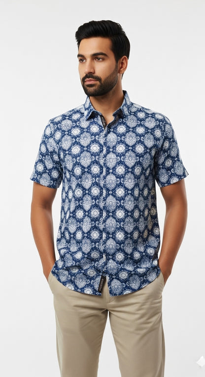 Indigo Medallion Print Half Sleeve Cotton Casual Shirt for Men