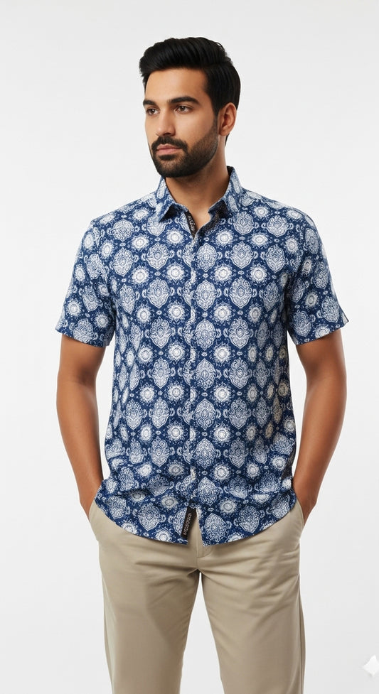 Indigo Medallion Print Half Sleeve Cotton Casual Shirt for Men